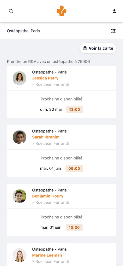 KelDoc - A list of osteopaths in Paris with their next available appointment slots on the KelDoc mobile app