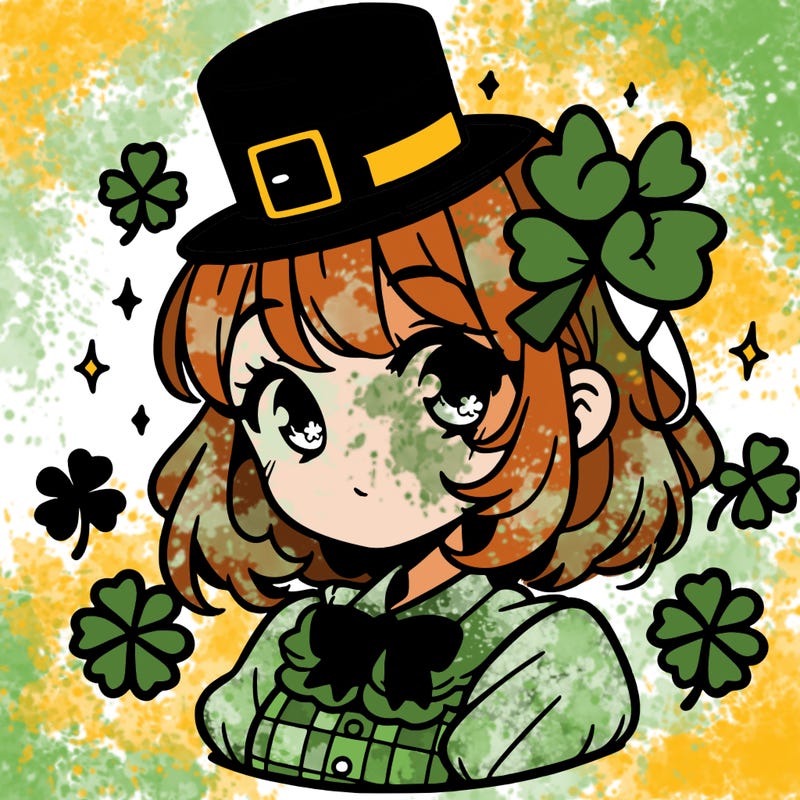 a manga-style girl with clovers around her, a little hat in her hair, like it's saint patrick's day