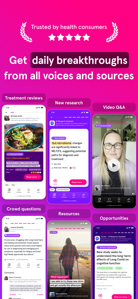 Turnto app interface showing daily health breakthroughs from research treatment reviews and community insights for chronic conditions