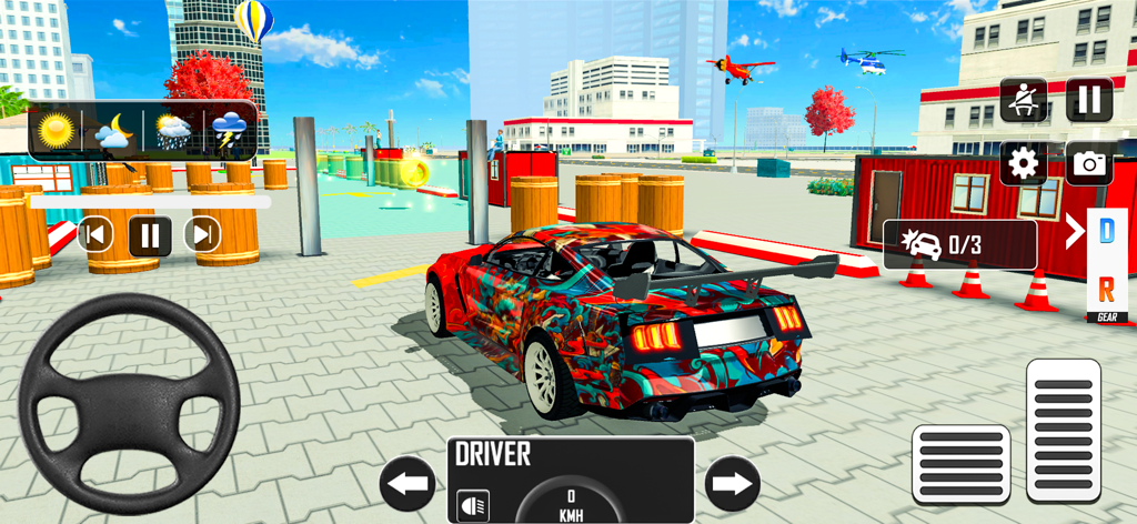 Driving Academy Car Game - Um carro esportivo colorido em um simulador de autoescola com volante e pedais na tela.