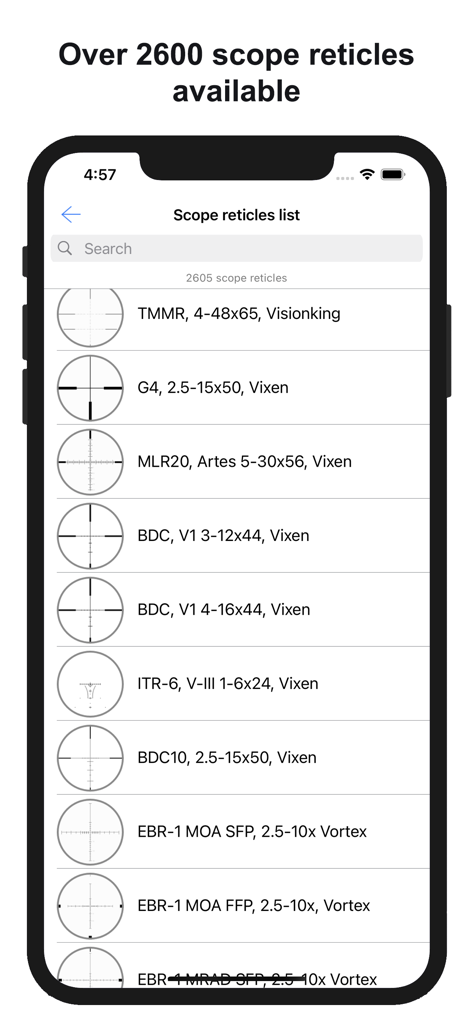 A smartphone screen showing a comprehensive database of over 2600 scope reticles within the Chairgun Elite ballistic app.