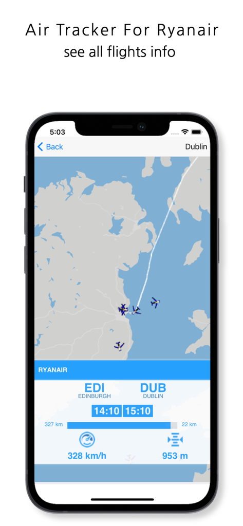 Captura de pantalla de la aplicación Air Tracker for Ryanair mostrando una ruta de vuelo en vivo desde Edimburgo a Dublín con datos de velocidad y altitud