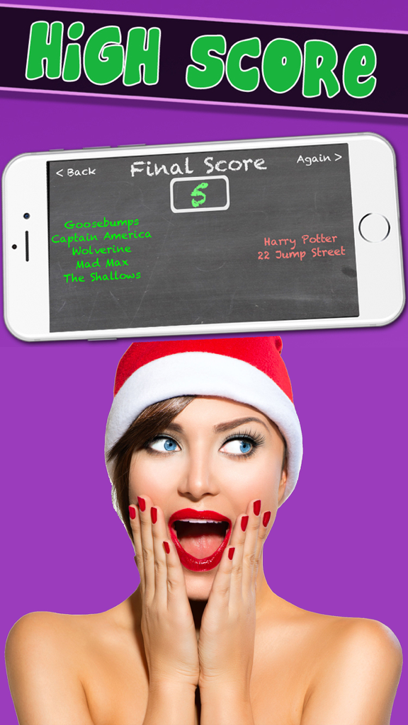 Surprised woman wearing a Santa hat holding a smartphone to her forehead showing a final score in a charades game