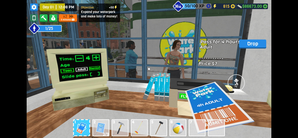 Vista in prima persona della vendita di biglietti per il parco acquatico a uno sportello in Waterpark Owner Simulator