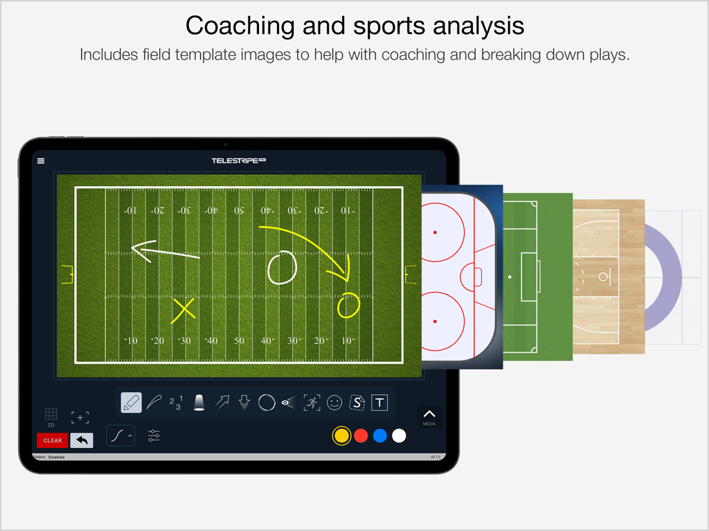 Telestripe - iPad screen displaying Telestripe app with a football field template and drawing tools for sports play analysis.
