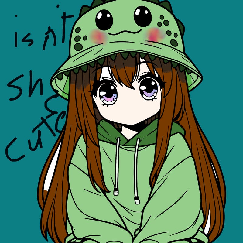 girl with anime shaped eyes with a dinosaur bucket hat oversized sweatshirt long straight hair