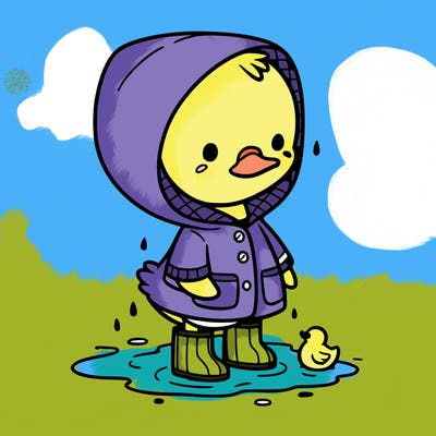 baby duck in a rain coat and boots, in a puddle while it’s raining