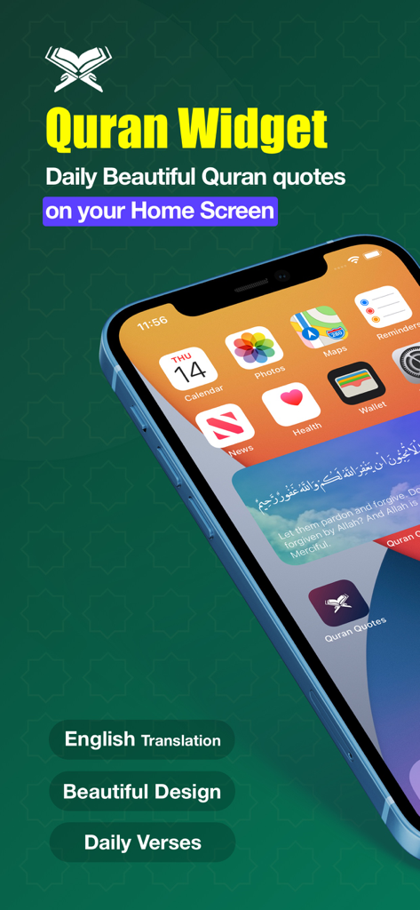 Quran Quotes Widget on an iPhone home screen displaying a verse with English translation
