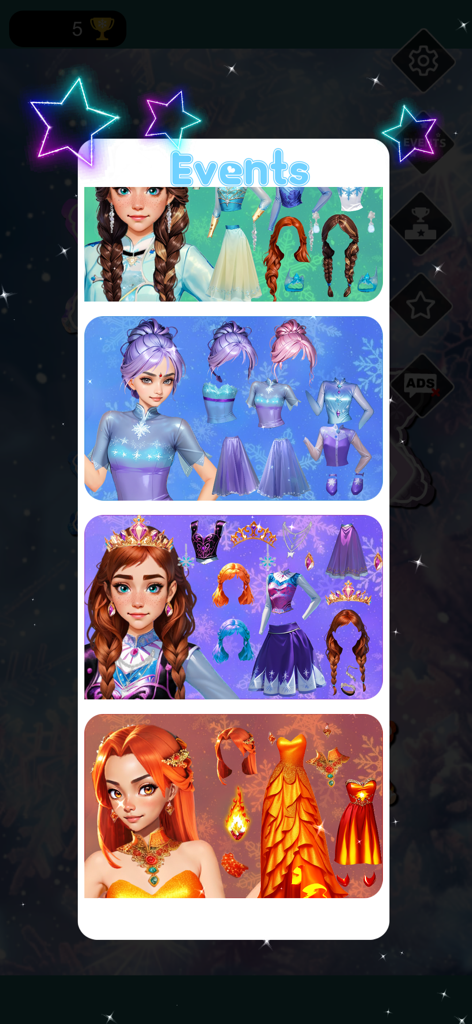 Ice & Fire Princess Dress Up - Events menu screen in Ice and Fire Princess Dress Up game showing various themed outfits for characters