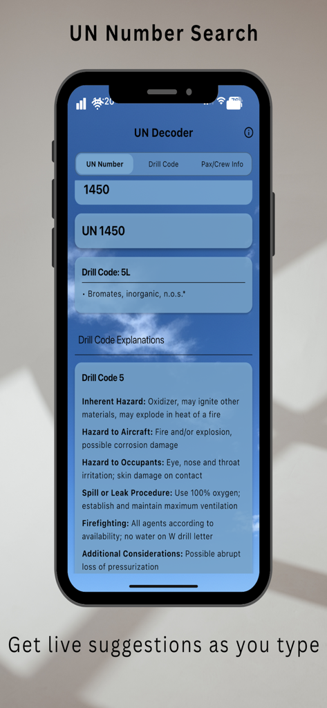 UN Decoder & Hazmat - Tela do aplicativo Decodificador UN mostrando resultados de pesquisa para o número UN 1450 com explicações detalhadas do Código de Perfuração e procedimentos de emergência