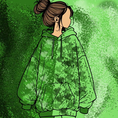 realistic girl with a oversized sweatshirt on and a bun