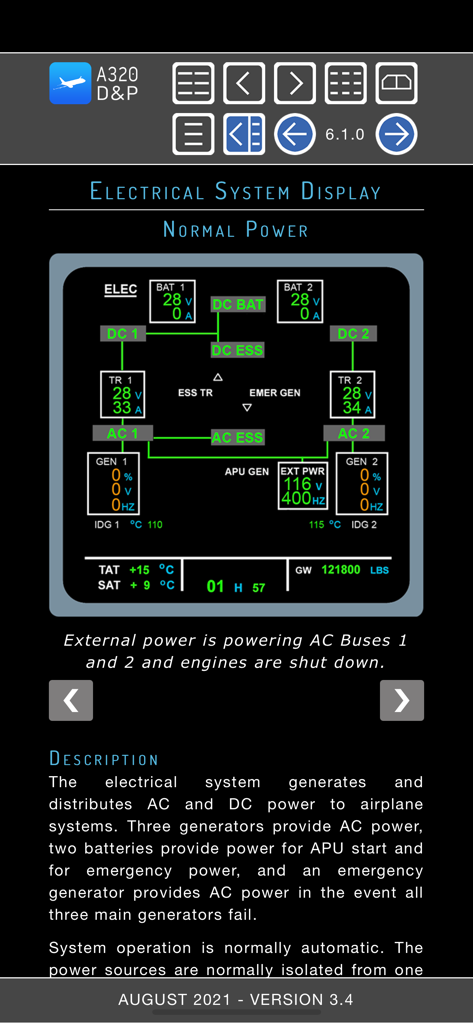 A320 Displays and Panels - Airbus A320 electrical system display showing normal power diagram and technical description