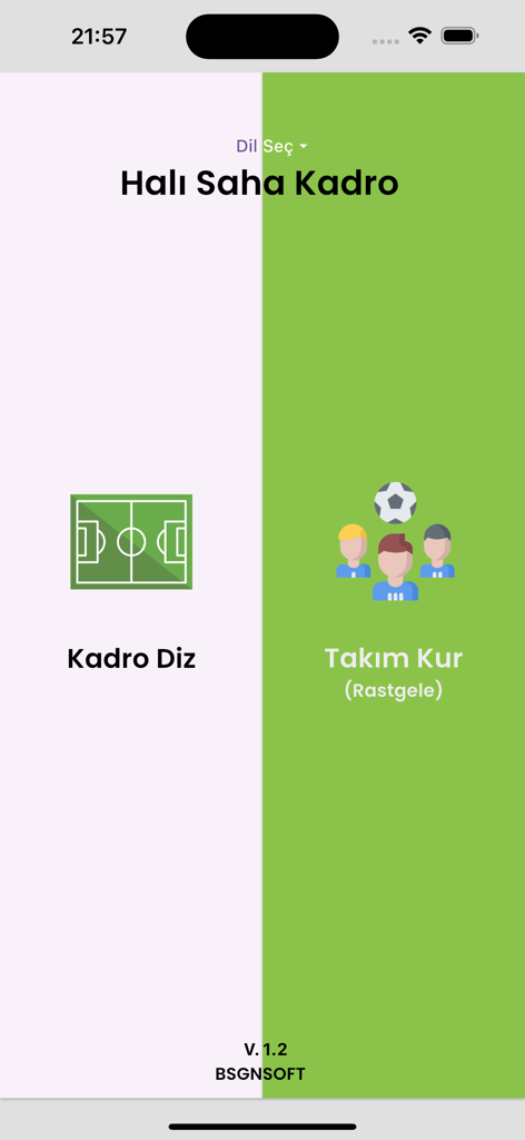 Halı Saha Kadro - Main screen of the Hali Saha Kadro app with options for squad lineup and random team creation