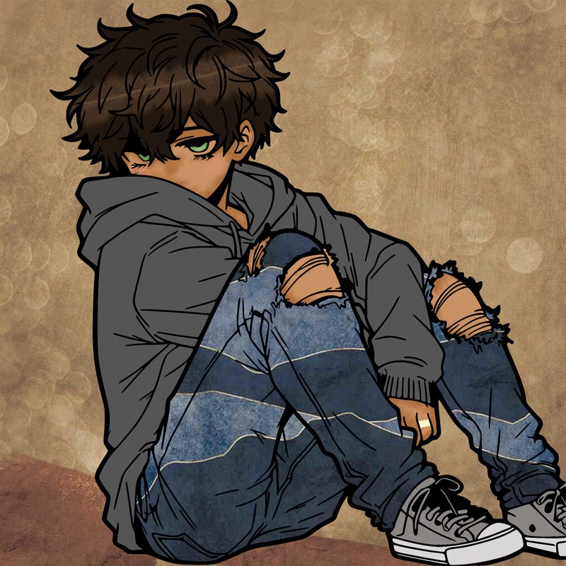 a male hoddie ripped jeans messy hair anime