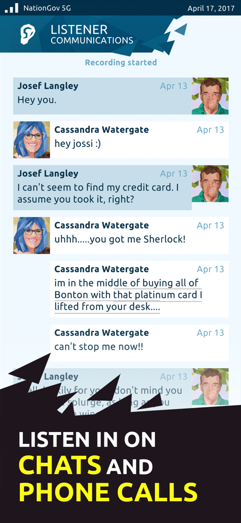 Orwell: Keeping an Eye on You - Una captura de pantalla de la interfaz del juego Orwell que muestra la monitorización de una conversación de chat privada entre sospechosos