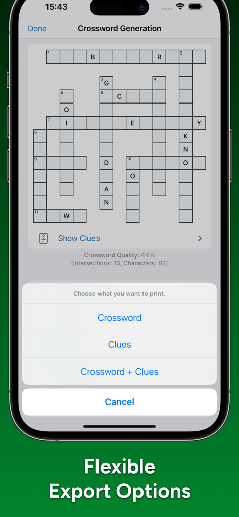 CrossCraft: Crossword Tests - Captura de pantalla de la aplicación CrossCraft que muestra opciones para imprimir el crucigrama, las pistas o ambas