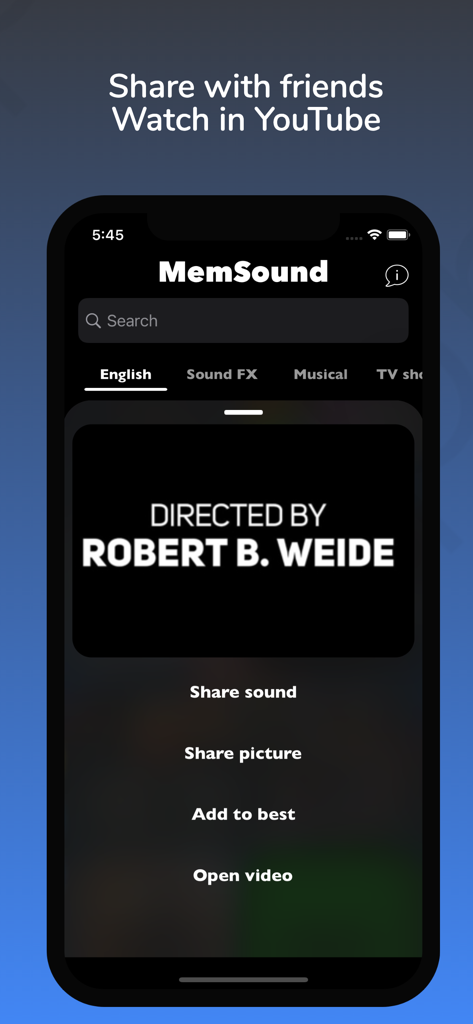 Interface do aplicativo MemSound exibindo opções para compartilhar um som de meme e assistir seu vídeo no YouTube