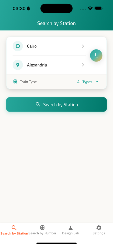 Interface do aplicativo móvel Egypt Trains mostrando uma busca do Cairo para Alexandria por estação