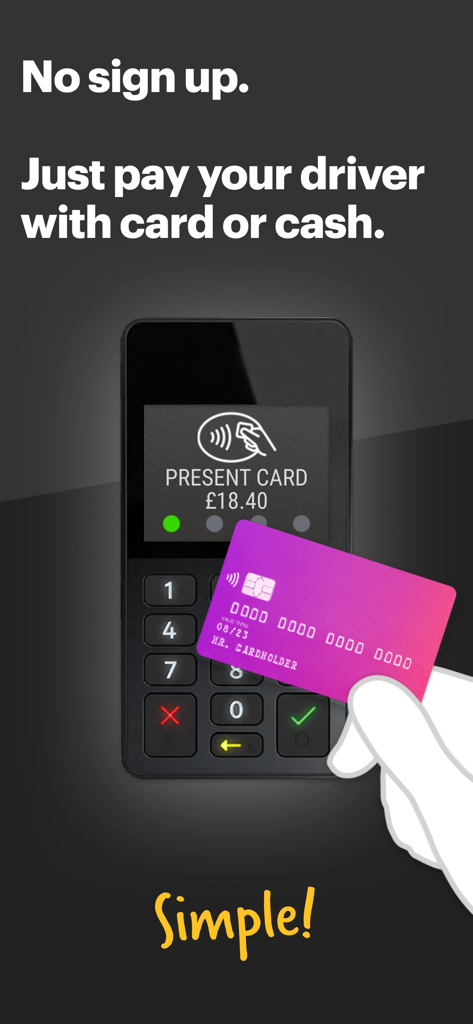 jump taxi - Jump taxi app screen showing card and cash payment options with no signup required