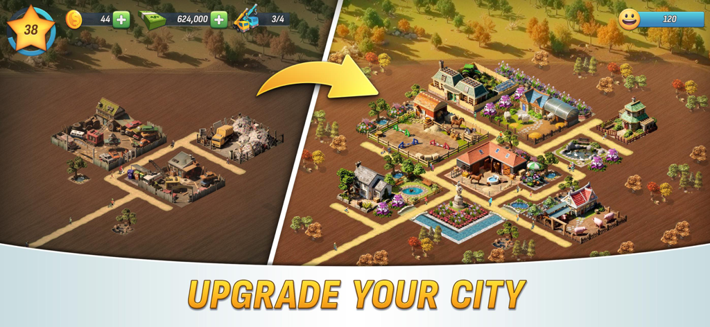 City Island: Deluxe Go Build - A before and after comparison of a city area being upgraded from simple buildings to a decorated farm in City Island Deluxe.