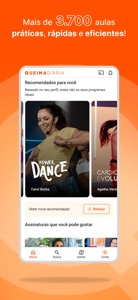 Queima Diária - Treino em Casa - Aplicación móvil Queima Diaria que muestra clases de entrenamiento en casa recomendadas como Power Dance.