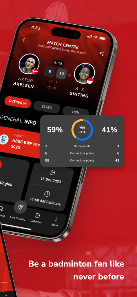 Badminton4U - Badminton4U app match center interface showing live statistics and win rates for Viktor Axelsen versus A. S. Ginting.