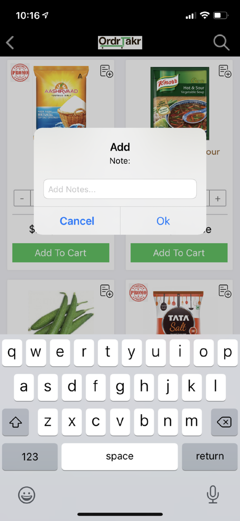 Aplicación OrderTakerCRM mostrando un catálogo de productos con un cuadro de diálogo emergente para agregar notas a un artículo seleccionado