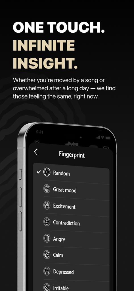 SoulSync: Connect Beyond Words - SoulSync app interface showing a list of emotional states for fingerprint-based matching including Great mood, Excitement, and Calm.