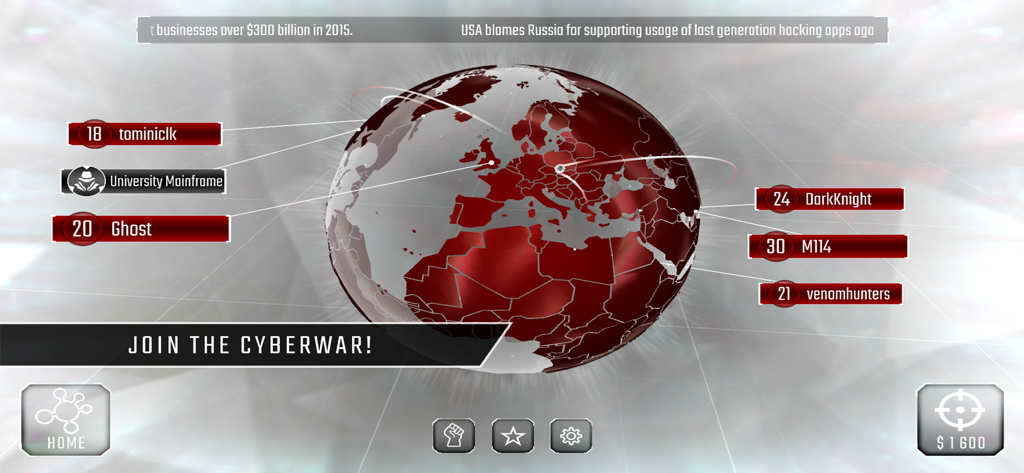 Hackers - Join the Cyberwar! - 3D world map in Hackers Join the Cyberwar game showing player locations and levels