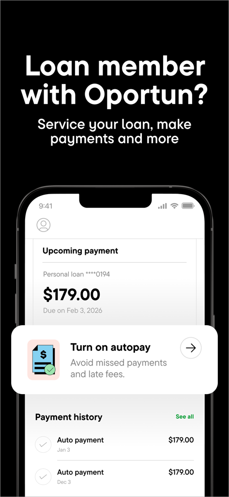 Oportun: Finances made simple - Interfaccia dell'app Oportun per gestire i pagamenti dei prestiti personali e attivare l'addebito automatico.