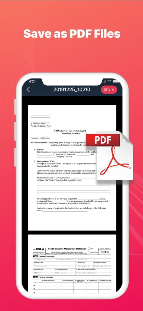 Text Scanner - Image to Text - Screenshot einer mobilen App, der gescannte Dokumente und die Funktion "Als PDF speichern" zeigt.