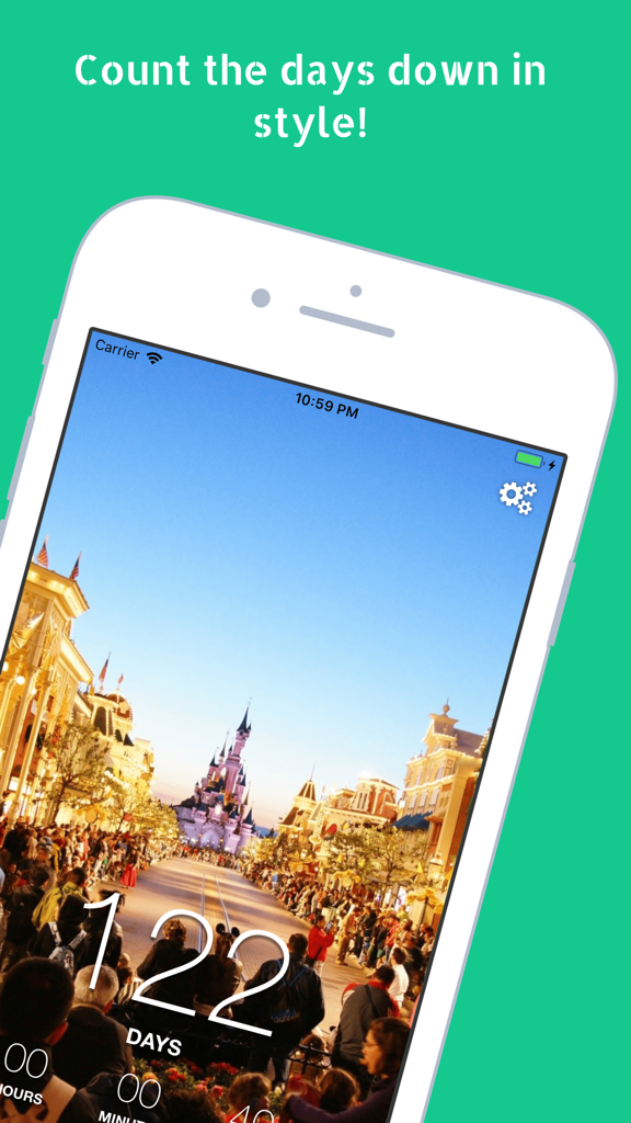Disneyland vacation countdown app showing 122 days remaining with a photo of Main Street USA.