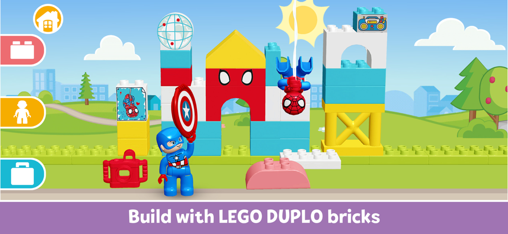Captain America and Spider-Man DUPLO figures in a digital building scene with colorful bricks