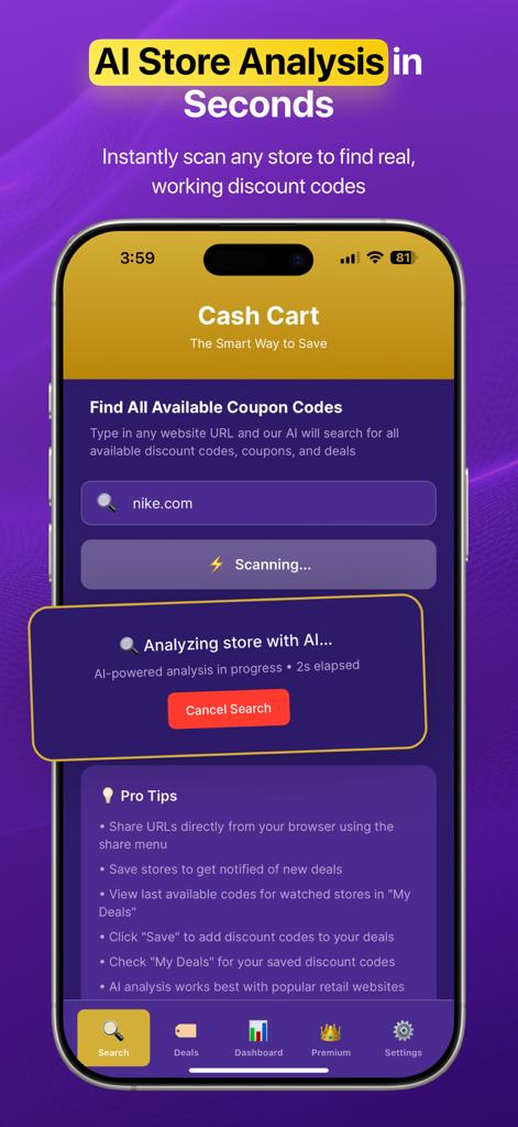 Cash Cart AI Coupon Finder - Interfaz de la aplicación Cash Cart AI escaneando un sitio web minorista en busca de códigos de descuento que funcionan de verdad
