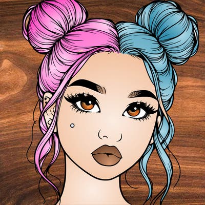 realistic girl with two buns on her hair and lips
