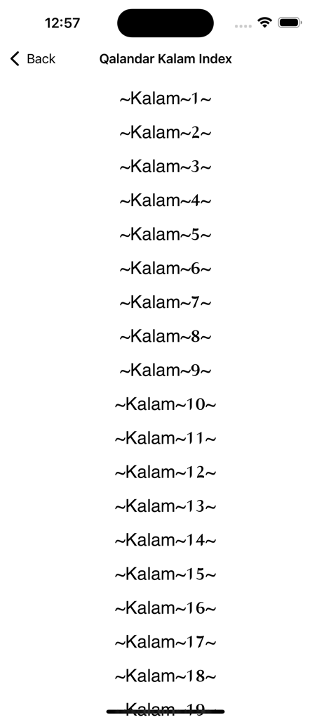Une liste verticale montrant l'index numéroté des vers de poésie soufie intitulé Index Kalam du Qalandar