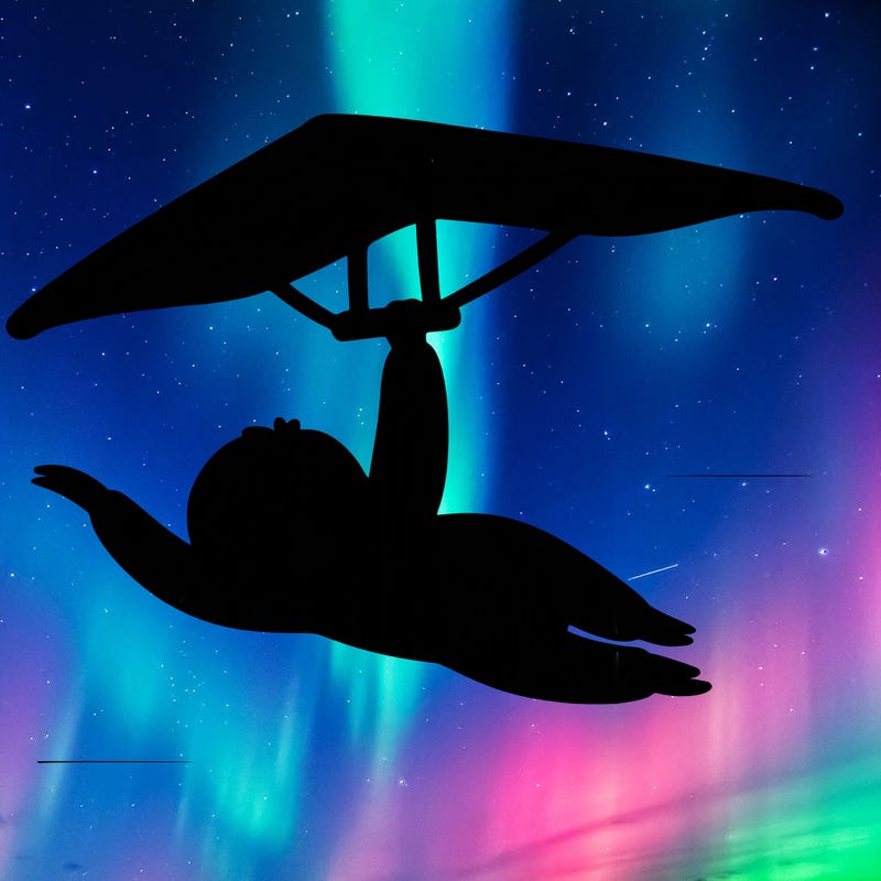 a sloth hang gliding slowly through a clear blue sky