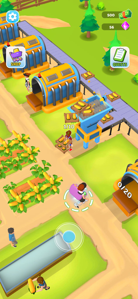 A character processes harvested corn in a factory within the Crop to Craft idle farm game.