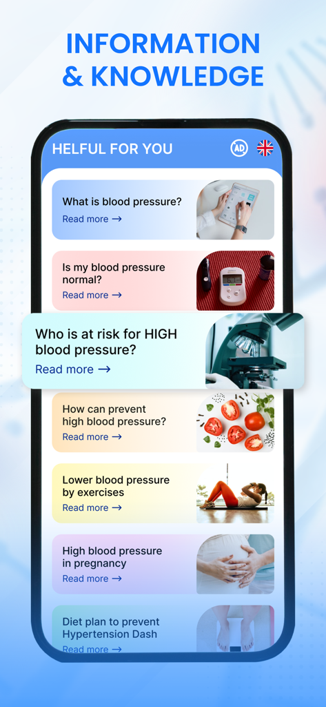 BMP: Blood Pressure Tracker - Pantalla de la aplicación BMP que muestra artículos de conocimiento sobre salud relacionados con los riesgos de la presión arterial, prevención, ejercicios y planes de dieta.