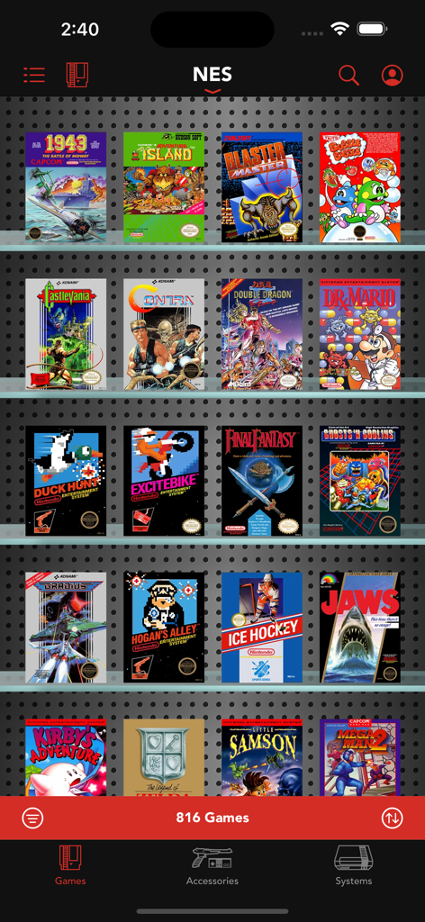 Digital collection of classic NES game covers displayed on virtual shelves within the app