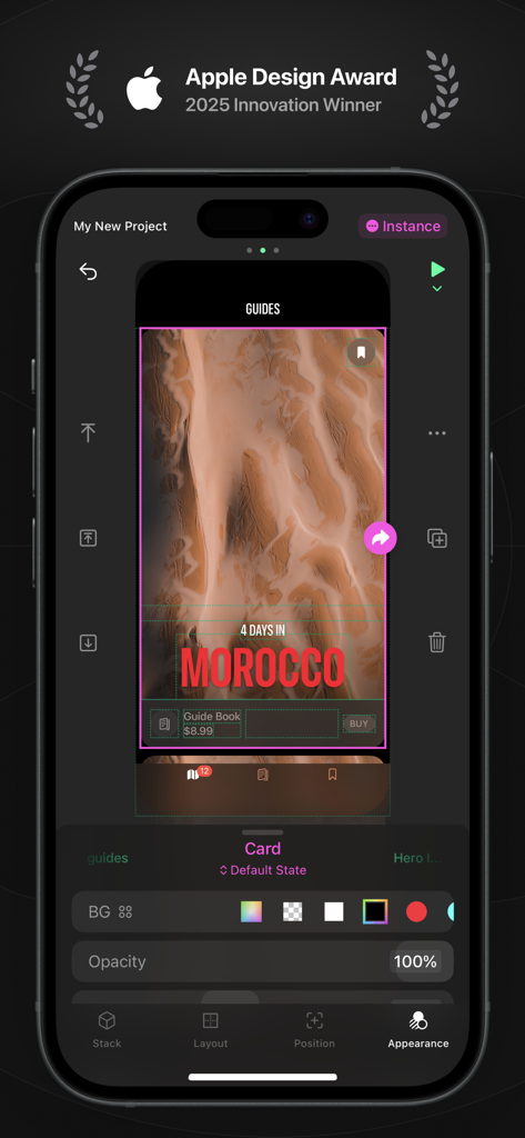 Play: Create Better Apps - Interface of the Play app on an iPhone featuring the 2025 Apple Design Award logo and a travel app design workspace