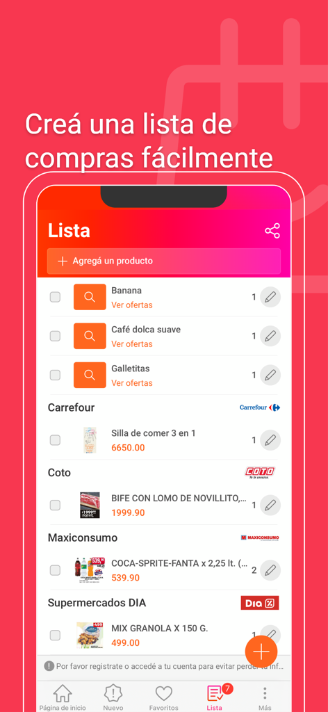 Catálogos y ofertas Argentina - Interfaz de lista de compras en la aplicación Catalogos y ofertas Argentina mostrando productos de tiendas como Carrefour y Coto
