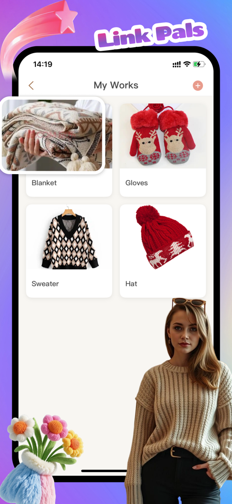 Texplix - Captura de tela do aplicativo Texplix exibindo uma galeria de projetos de tricô, incluindo um suéter e um chapéu