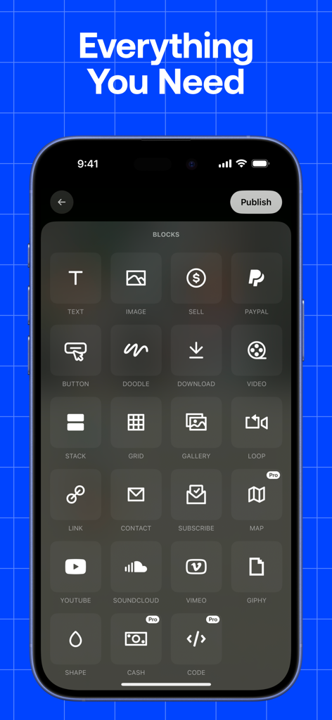 Universe Website Builder - A smartphone screen showing a grid of drag and drop blocks for building a website including text images and payment options