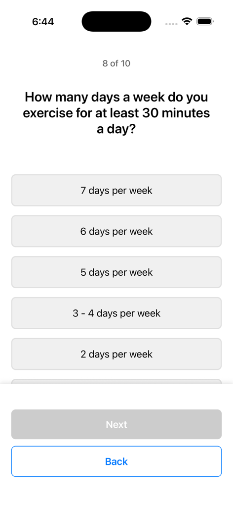 LivingTo100.com - A lifestyle quiz question from the LivingTo100 app asking for the number of days per week the user exercises for at least 30 minutes.