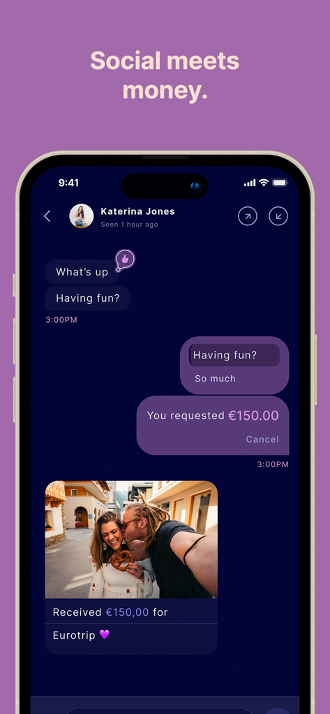 OneFor Money App - Screenshot of OneFor Money App showing a chat interface with a personalized money transfer and photo for a trip