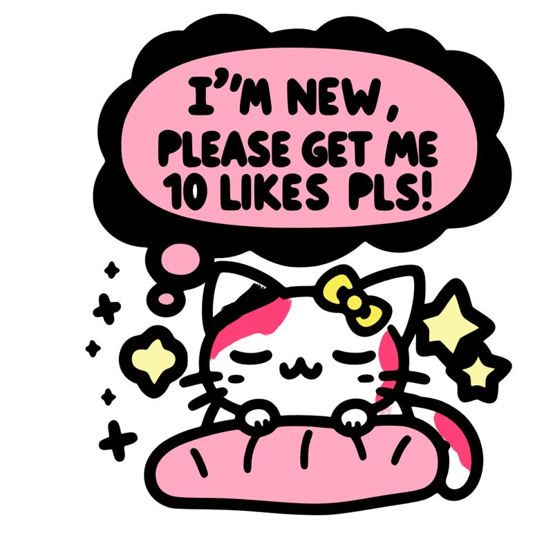 kitty taking a nap dream talking and saying "i'm new, please get me at least 10 likes pls!!"