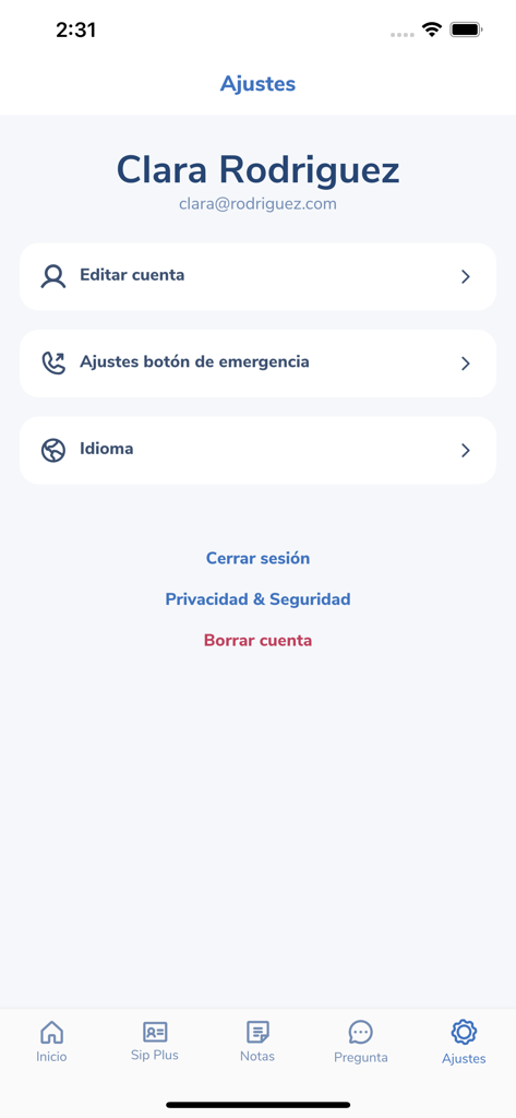 MiSip - Tela de configurações do usuário do aplicativo de saúde perinatal MiSip com opções de conta e emergência.