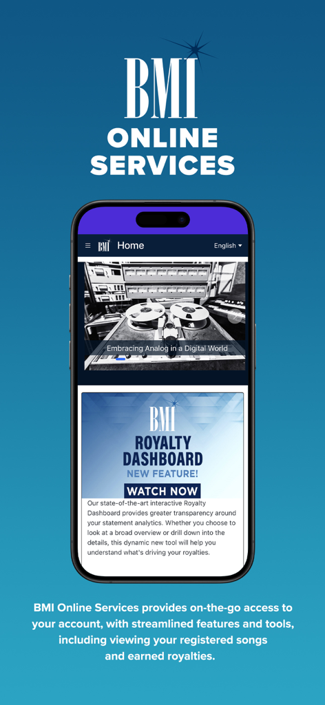 BMI Online Services app home screen featuring the royalty dashboard and songwriter tools