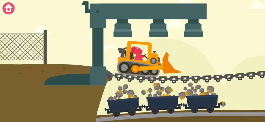 Un dinosauro rosa che guida un bulldozer giallo sopra vagoni da miniera pieni di rocce e oro